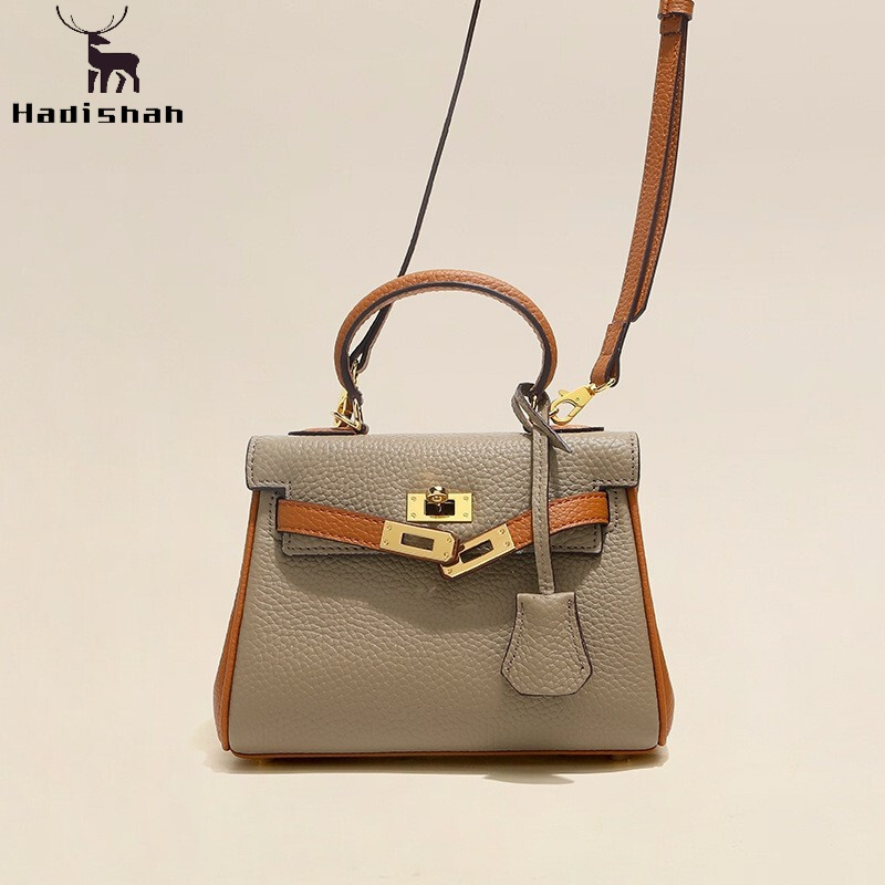 hadishah女包迷你20cm凯莉包牛皮女包质感小包包2021新款荔枝纹斜挎
