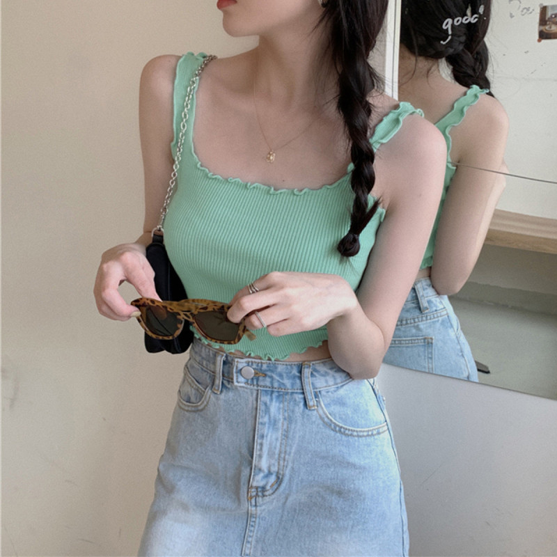[2.5折价30元]唐狮木耳边打底吊带背心女夏季款韩版内搭时尚无袖上衣潮