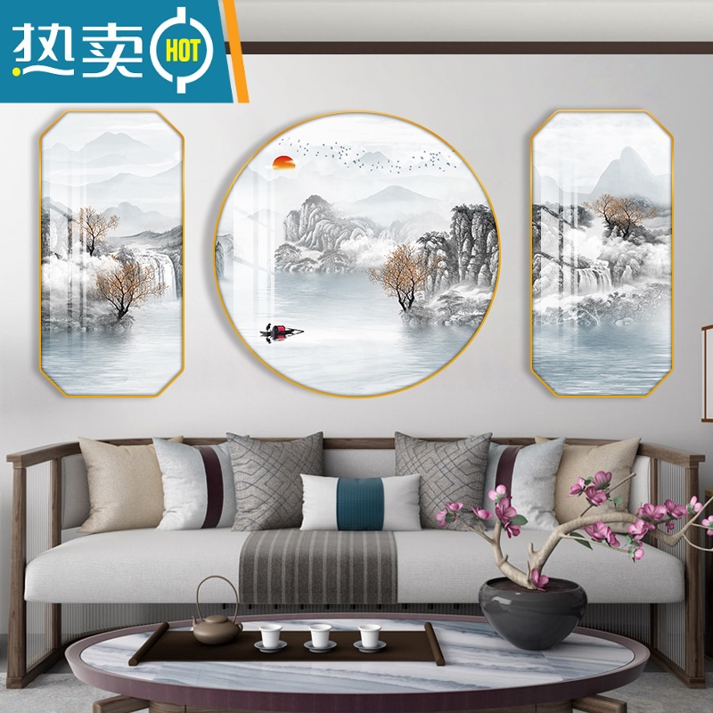 敬平新中式山水画客厅装饰画沙发背景墙壁画办公室书房茶室三联画挂画装饰画高清大图