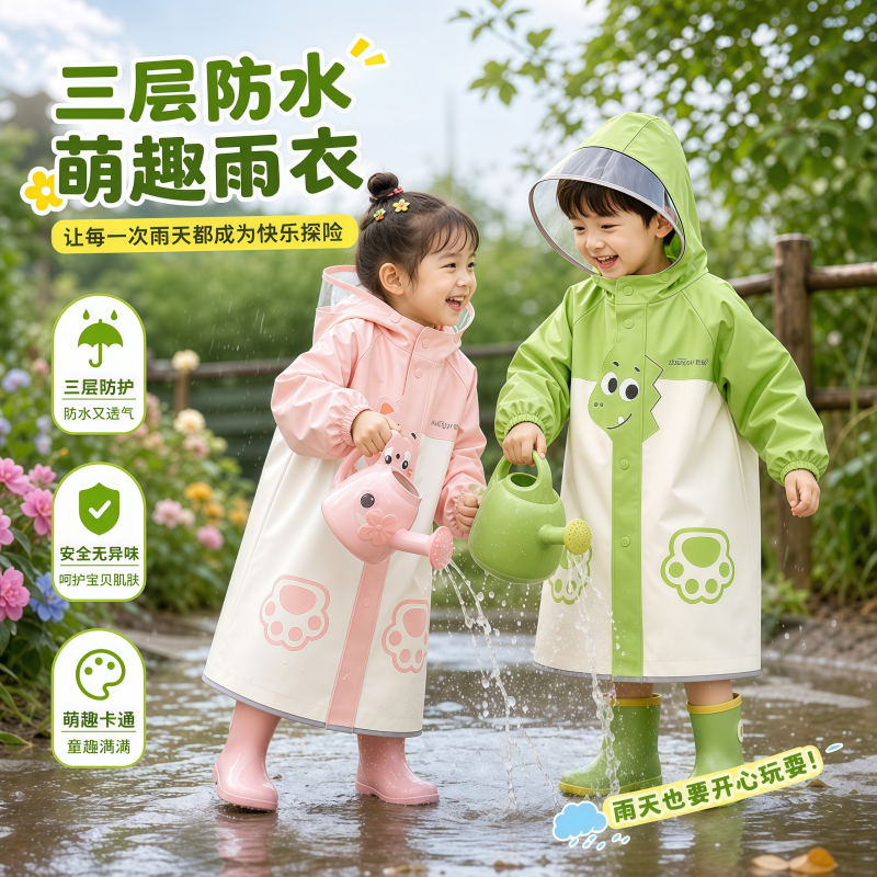 正雨儿童雨衣小学生上学宝宝男女孩长款防暴雨初中自行车雨披9063高清大图