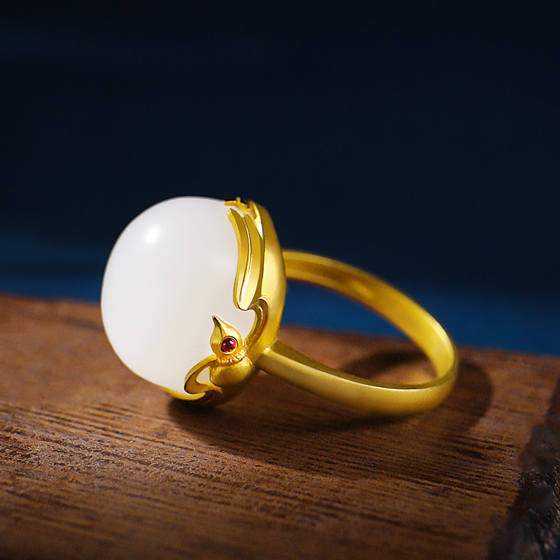 古法传承系列18k金镶和田玉戒指金葫芦镶白玉圆形蛋面女款孤品玉石