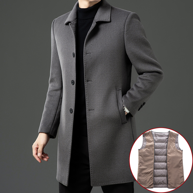 双面呢鹅绒内胆男士羊绒大衣羽绒内胆可拆卸中青年羊毛呢子中长款外套爸爸针织上衣服活里活面鹅绒内胆风衣中老年羽绒外套大码冬装高清大图