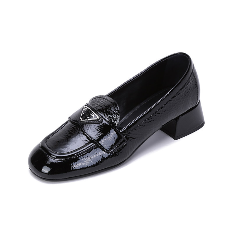 prada普拉达女士皮革徽标装饰圆头粗跟单鞋皮鞋乐福鞋1d583mh27