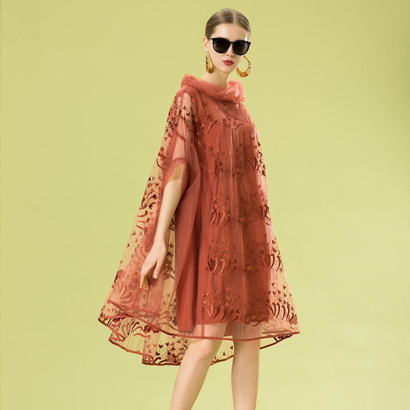 大码斗篷式连衣裙女2021春夏新款法式网纱刺绣披肩中长款大摆裙15天内