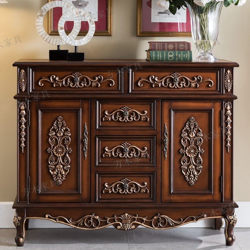 欧式餐边柜实木美式乡村鞋柜复古玄关柜子雕花描金厅备餐柜家具 棕色描金1.22米_双_