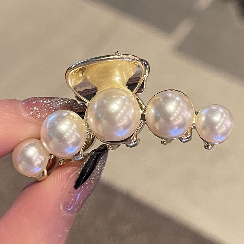 韩国珍珠鲨鱼抓夹女金属发夹后脑勺夹子优雅气质小号发抓饰品头饰金色