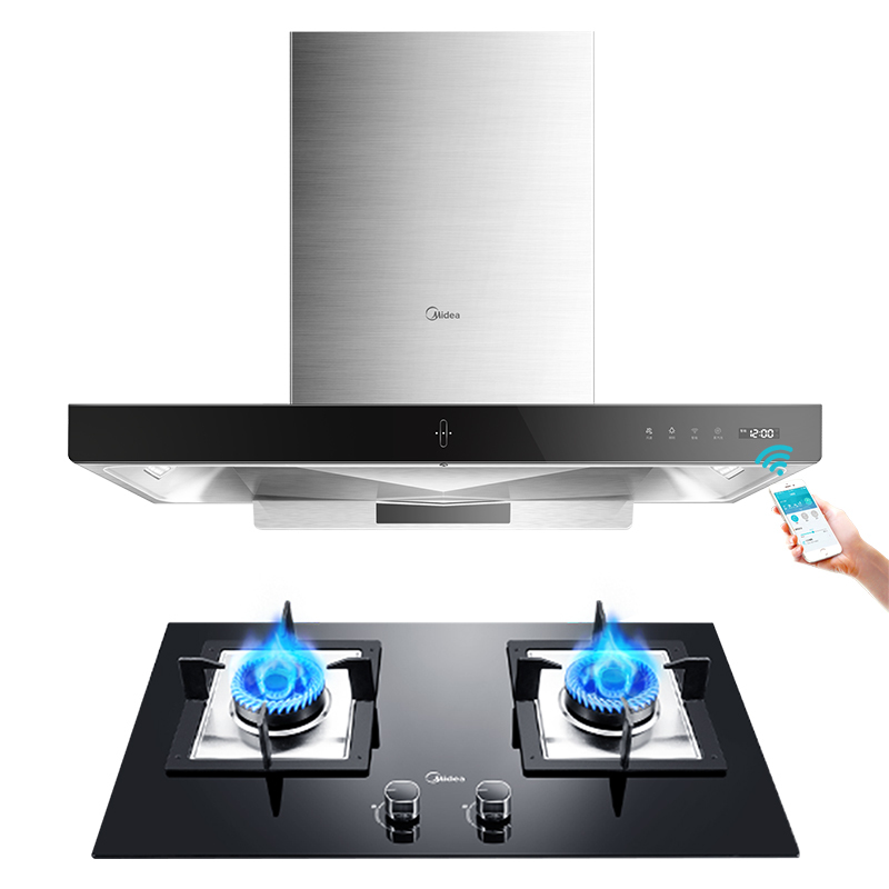 美的(Midea)极光20立方米爆炒大吸力 蒸汽洗 APP控制 欧式抽油烟机灶具套装(天然气) CXW-230-MT588R+Q535B