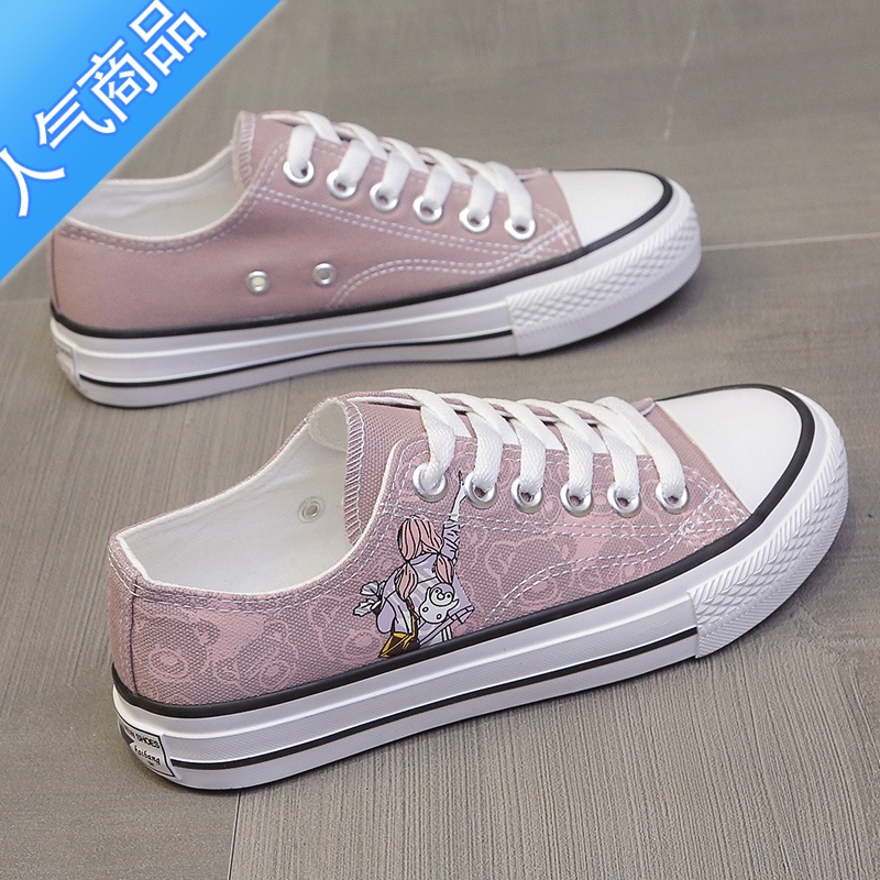 SUNTEK2023年春夏季新款透气软底低帮帆布鞋黑色板鞋女学生涂鸦休闲球鞋 胭脂粉 37偏小半码