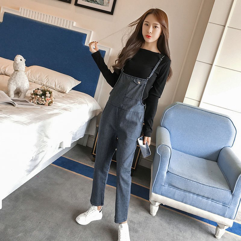 与牧2017秋新款宽松显瘦条纹九分背带裤女两件套学生吊带连体裤997