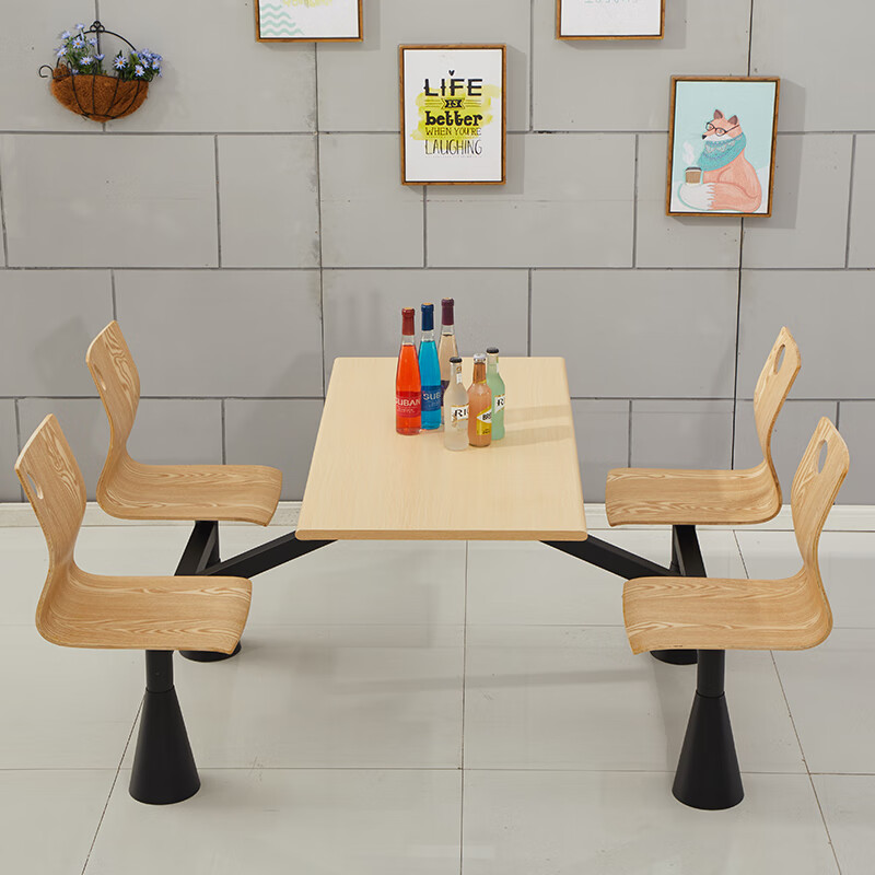 域赢饭店餐厅食堂餐桌餐桌椅组合一体桌四人位1.2米餐桌 六角靠背高清大图