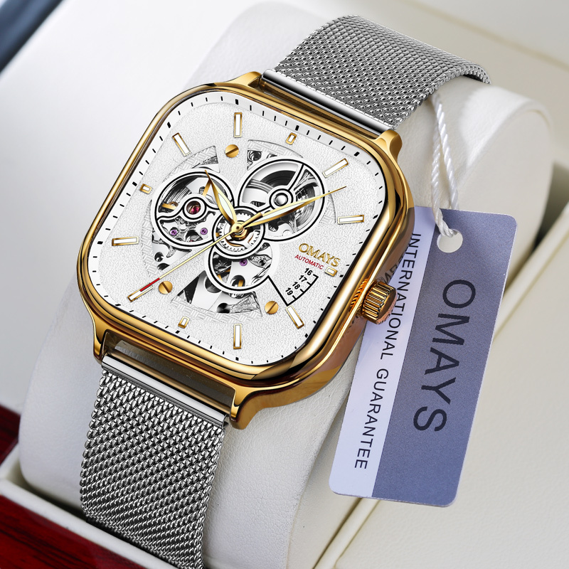 欧美时omays名牌全自动机械表男士手表新款时尚镂空方形表盘手表男