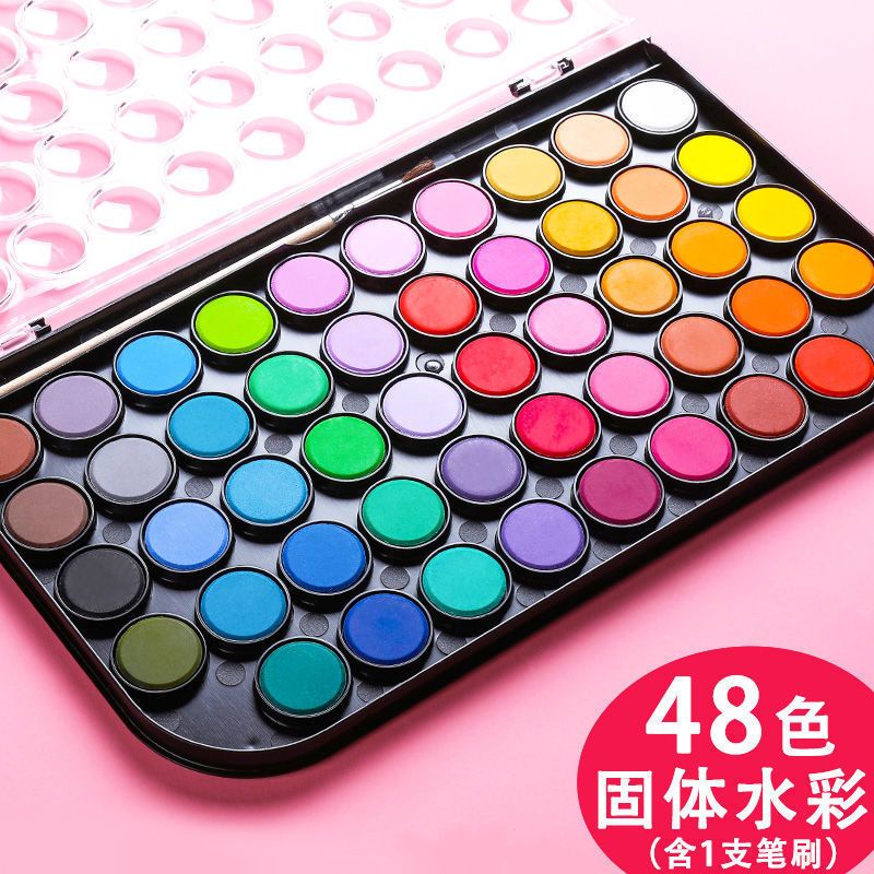 粉饼水彩画颜料可水洗式绘画套装全套12色白盒[含笔刷1支](送调色盘)>