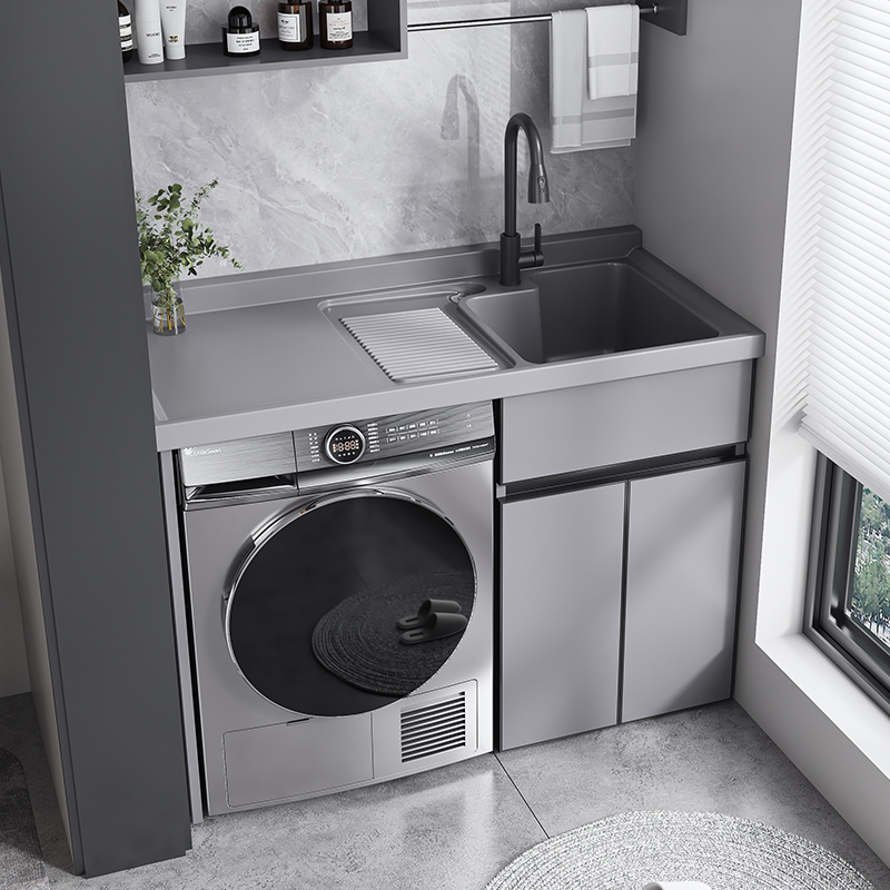 [免费安装]洗衣机柜可定制太空铝石英石一体阳台浴室柜带搓板台盆柜组合洗衣柜伴侣高清大图
