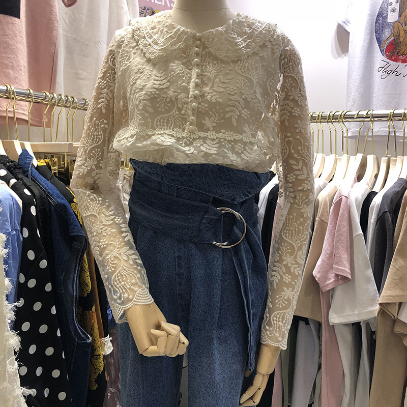 特惠重工钩花娃娃领长袖蕾丝衫女2018春装时尚百搭网纱打底衫上衣杏色均码