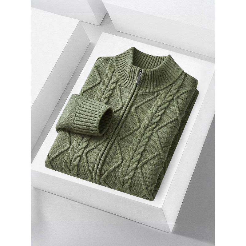 2025秋冬新款男士半高领拉链开衫青年商务休闲菱形保暖外套