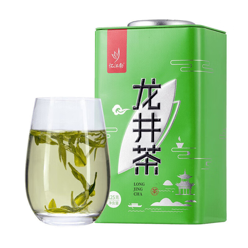 忆江南 茶叶一级龙井茶明前绿茶浓香型手工炒青绿茶罐装125g绿方罐龙井