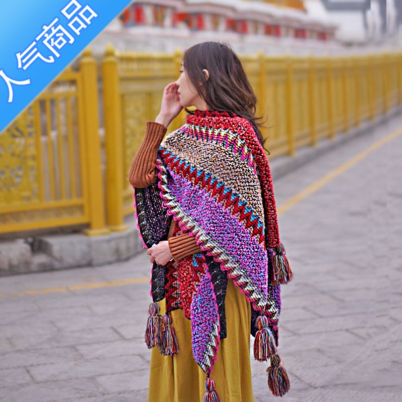 suntek民族风披肩加厚保暖围巾沙漠青海旅游披风西藏云南度假斗篷女