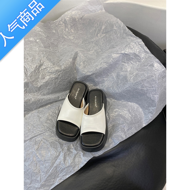 SUNTEK网红厚底银色一字拖鞋女鞋外穿2023夏季坡跟凉拖度假沙滩凉鞋高清大图