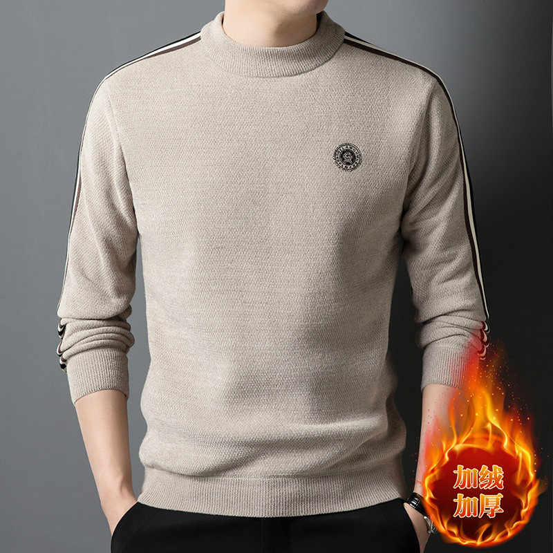 加绒男士毛衣冬季加厚针织爸爸装雪貂绒保暖T恤一体绒男装T恤上衣_02 米驼 XL
