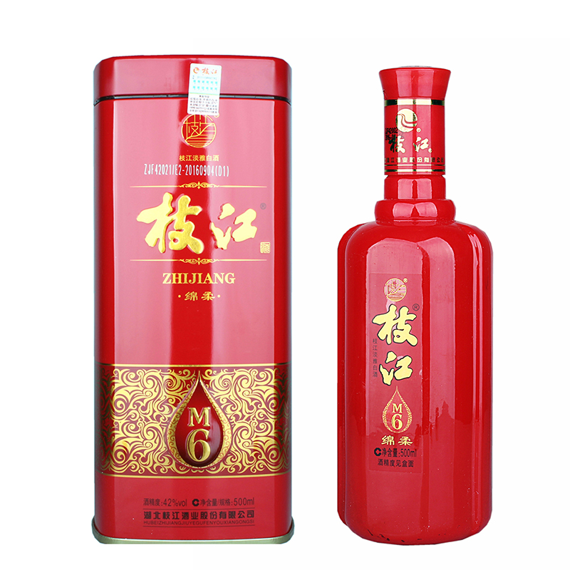 42度枝江酒绵柔m6湖北酒500毫升红瓶铁盒装国产白酒参数