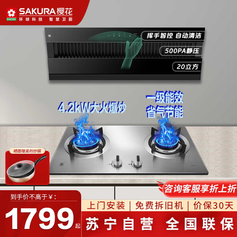 樱花(SAKURA)烟灶套餐 侧吸20立方自清洗抽油烟机节能燃气灶具厨电烟灶套装JA06+BGZ01(天然气)