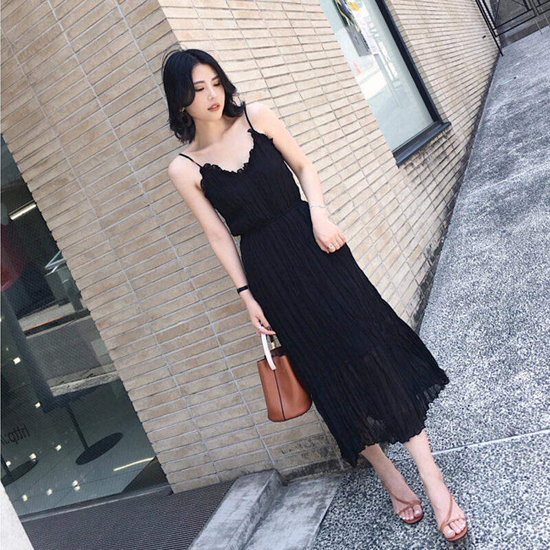 ins超火带连衣裙女夏2018新款温柔风百褶裙子过膝超仙雪纺长裙