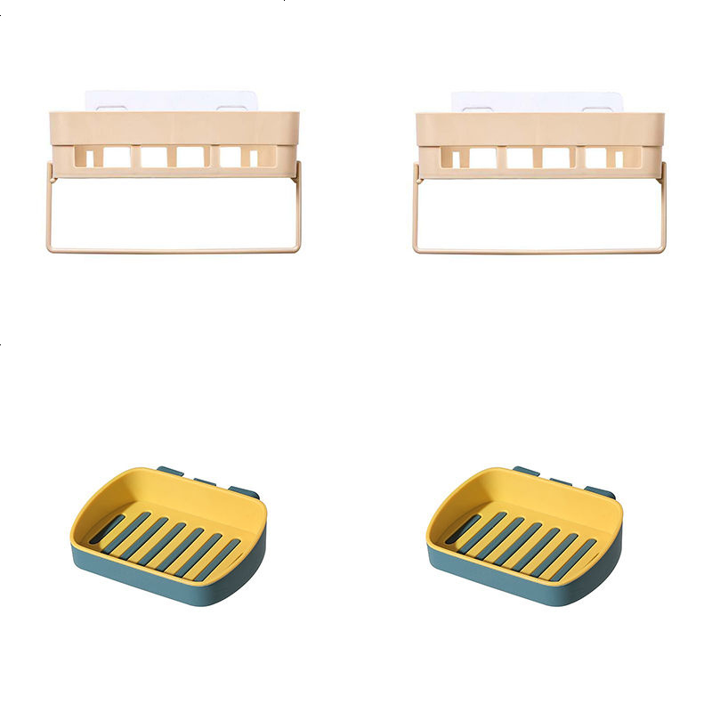 卫生间浴室挂架收纳架长方形带毛巾架镂空多层肥皂盒洗手间置物架 北欧黄 3个[长方形带毛巾架]置物架