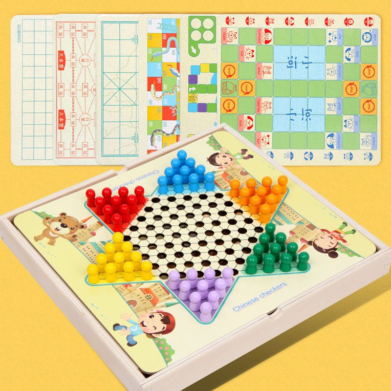 飞行棋儿童跳棋木质多功能游戏棋五子棋斗兽棋象棋成人益智玩具|跳棋+军旗+历险棋(盒装)