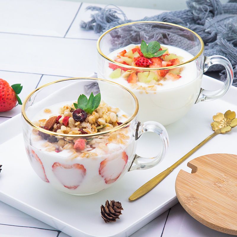 早餐杯牛奶杯杯子水杯玻璃杯家用带盖耐高温带把手杯带盖带勺子