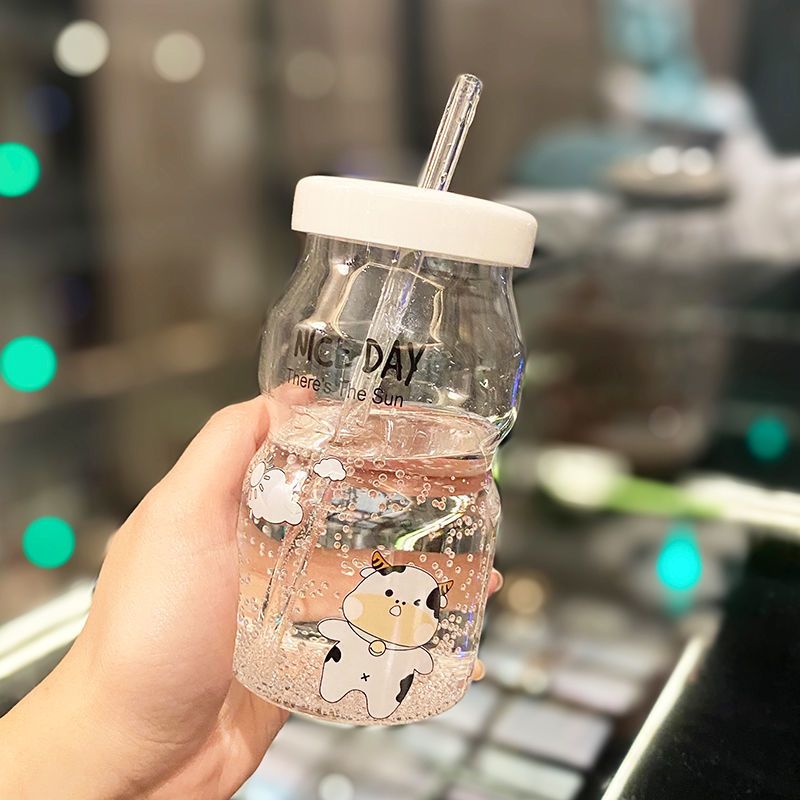 韩版耐高温高硼硅玻璃水杯带吸管可爱卡通小熊女生超萌有手柄杯子