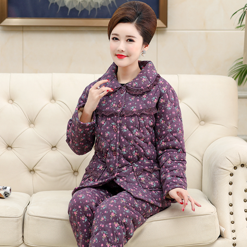 允睡衣女冬季棉三层加厚保暖夹棉中老年人家居服套装中年妈妈婆婆睡衣