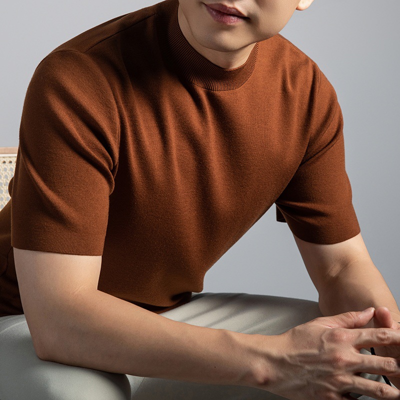 16针莱赛尔可机洗羊毛衫男2025秋冬新款半高领打底短袖毛衣男 红咖 XL