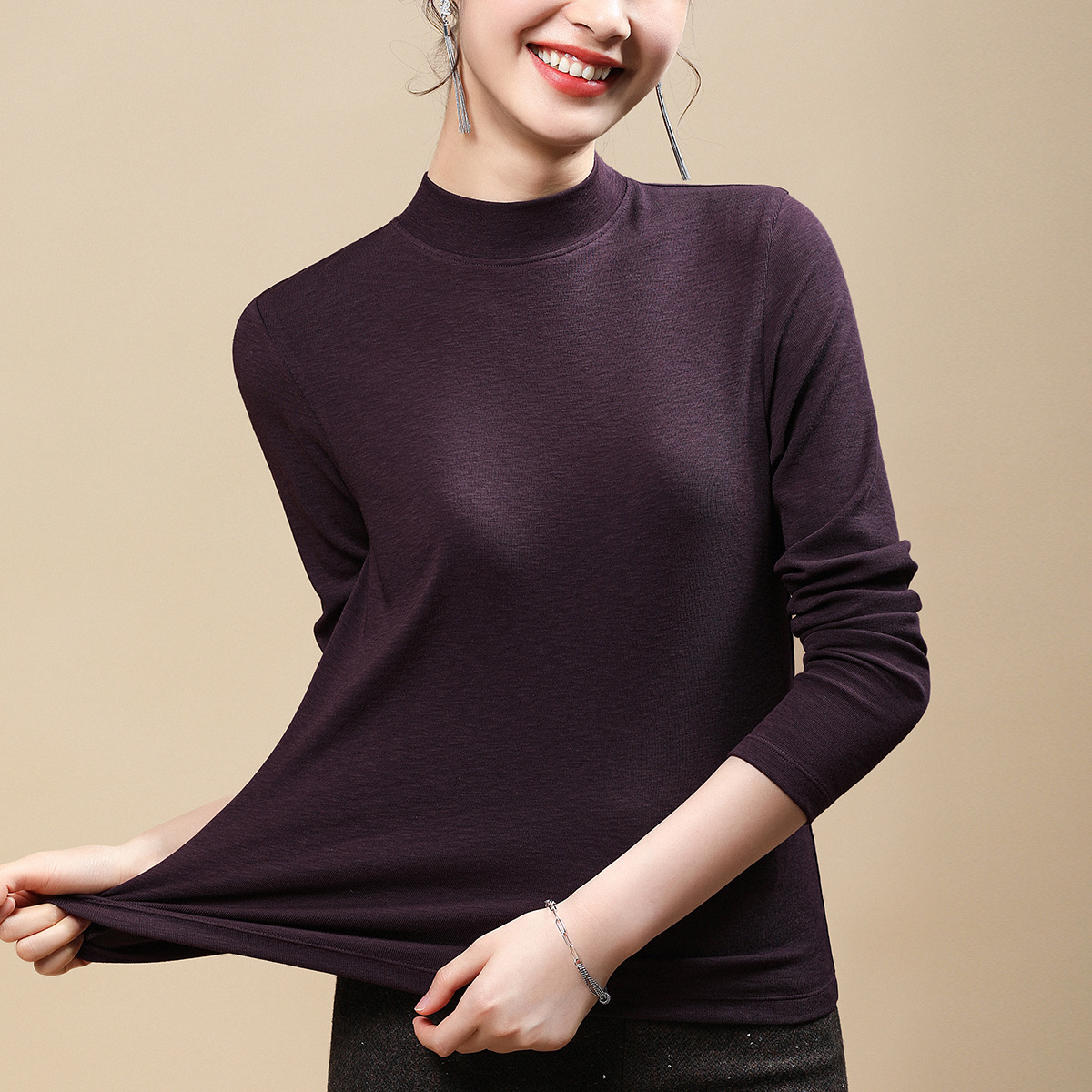 兰精天丝 女士长袖T恤 薄款中领打底衫上衣女春秋款 女装 龙葵紫 XXL