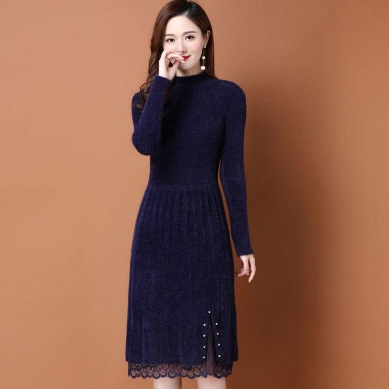 雅馨季针织连衣裙女秋冬2021新款洋气加厚过膝毛衣裙蕾丝打底裙子