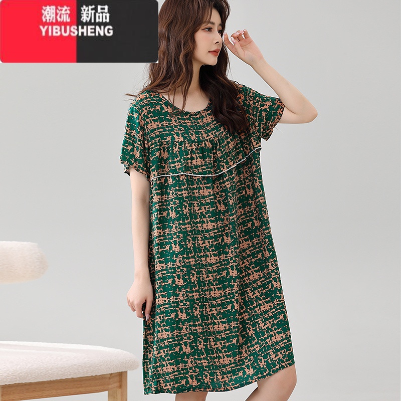 YIBUSHENG季防凸点印花睡裙女凉感家居服短袖棉绸大码人造棉宽松舒适中裙 11号 3XL110-135斤
