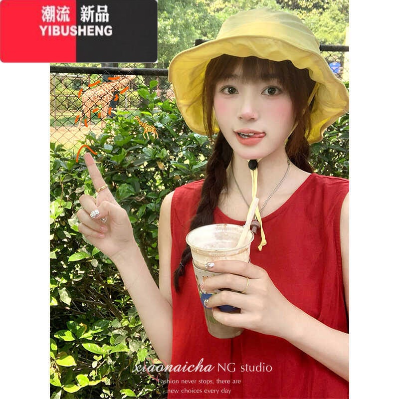 YIBUSHENG法式复古红色无袖系带背心连衣裙女季新款小个子收腰显瘦中长法高清大图