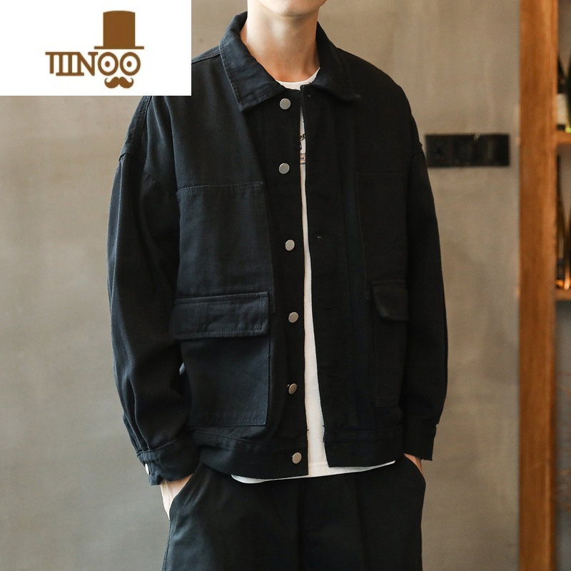 yanxu黑色夹克外套男士工装牛仔宽松休闲翻领潮牌秋季衣服款潮流