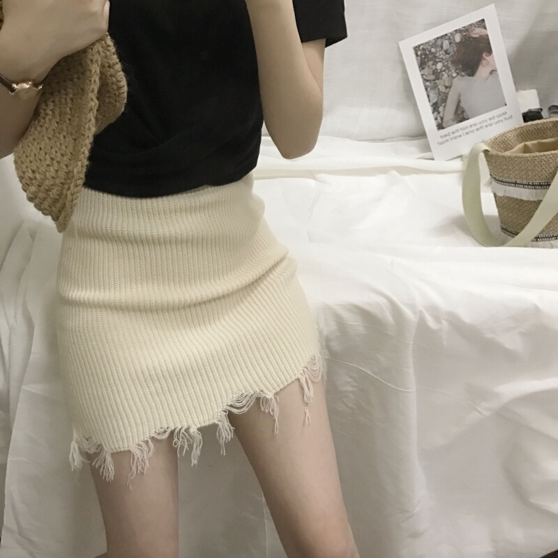 破洞毛边针织显瘦包臀裙半身裙短裙 杏色 均码