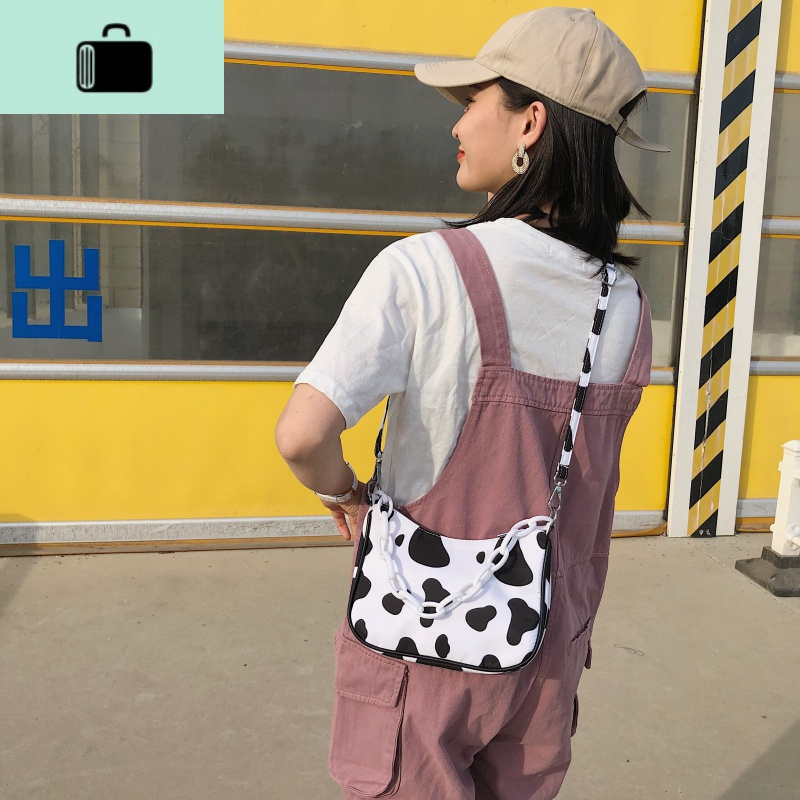 港风日系小挎包女单肩斜挎包女潮ins可爱少女学生奶牛纹小腋下包NEW LAKE 乳白色女士单肩包
