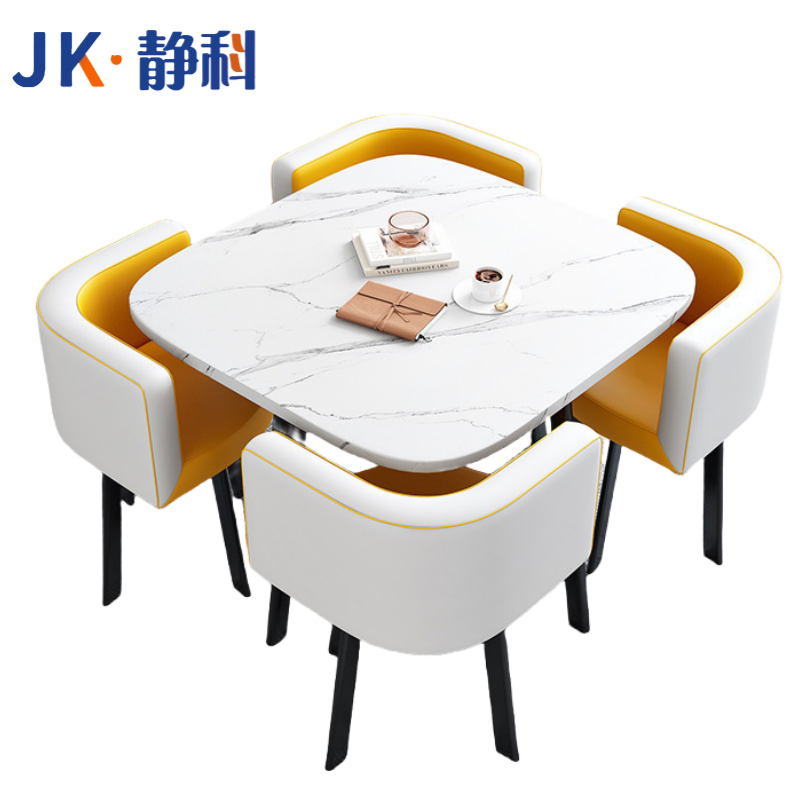静科方桌洽谈桌80*80*75cm+4把椅黄拼白套高清大图