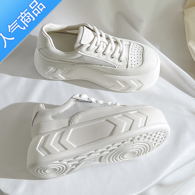 SUNTEK厚底内增高8cm大头娃娃鞋女新款网面系带显脚小松糕鞋小白鞋