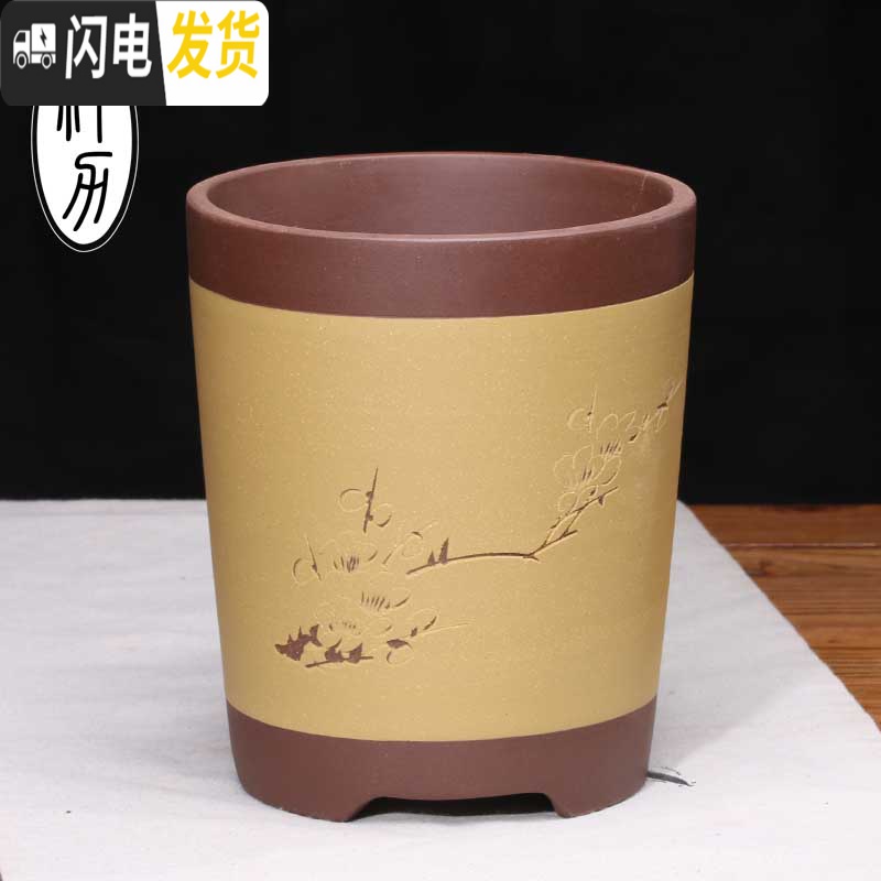 三维工匠紫砂花盆景花卉绿植现代简约风格粉绿浆直口千筒兰花盆满 绿色+托SL013 小花盆容器高清大图