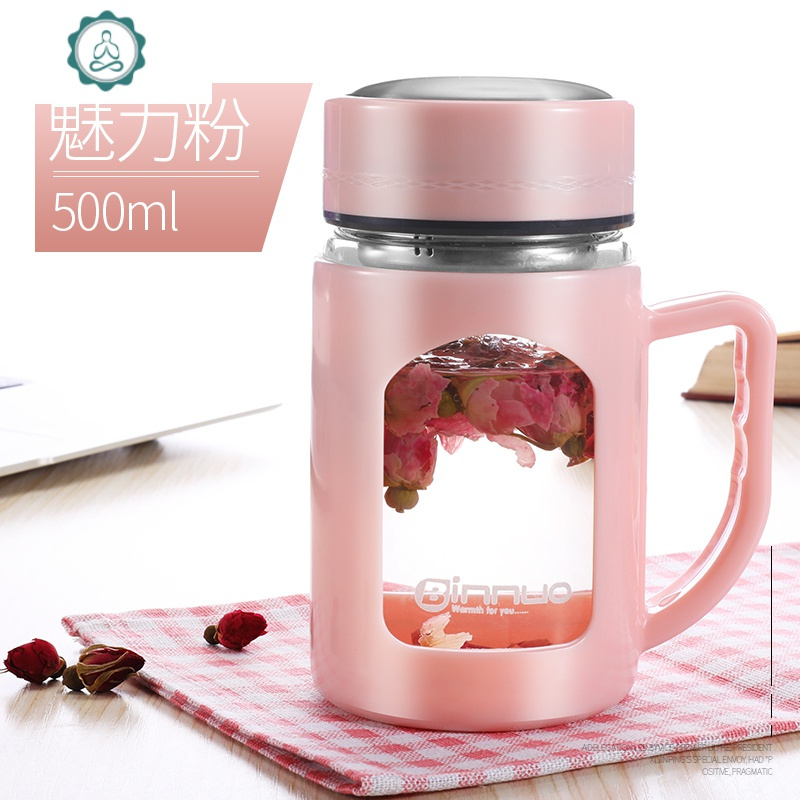 玻璃杯带把男女简约家用水杯清新森系带盖杯子办公室泡茶杯大容量 封后 升级款磨砂黑500ml+杯刷[茶水分离]