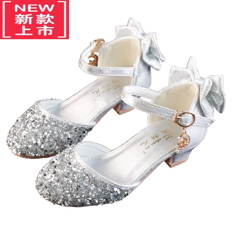 可莉允女童高跟皮鞋小公主演出鞋银色儿童搭配礼服中大童走秀舞台水晶鞋运动休闲鞋图片