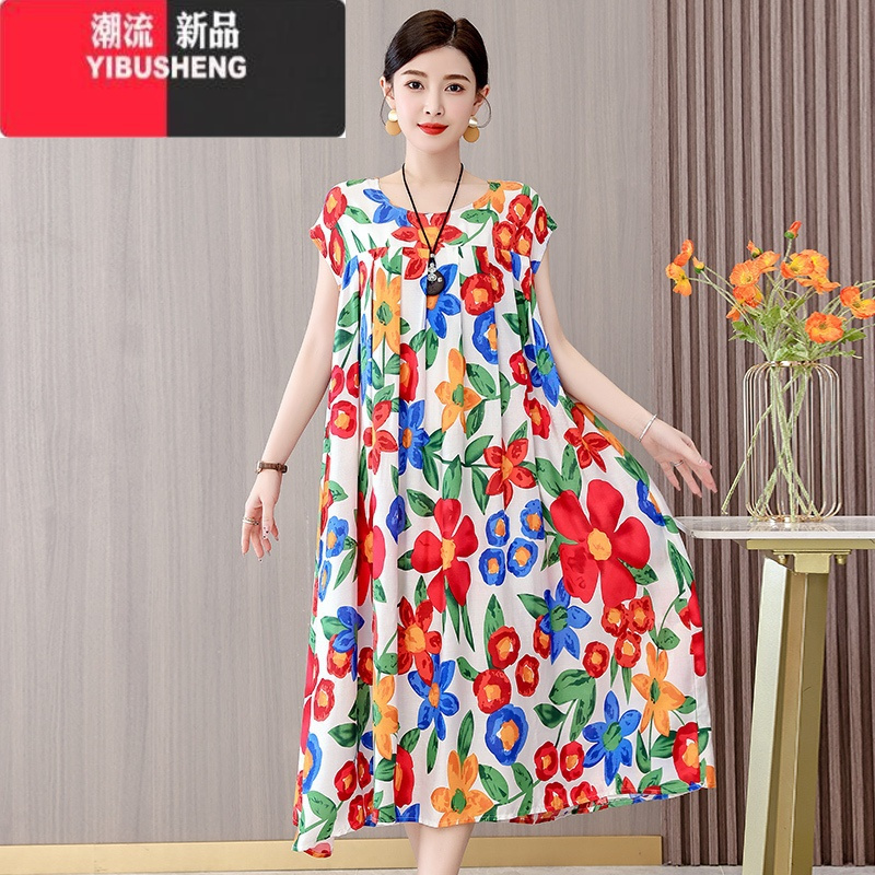 YIBUSHENG妈妈棉绸连衣裙女季时尚宽松加肥加大码中老年垂感显瘦外穿裙子