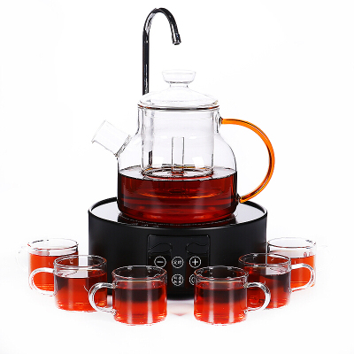 尚帝 全玻璃蒸茶壶蒸汽壶大容量加厚耐热蒸茶器煮黑茶壶电陶炉套装茶具 黑金刚触摸加水煮茶壶