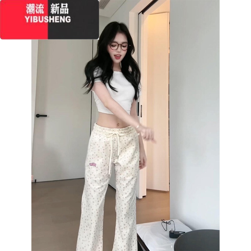 YIBUSHENG甜妹碎花微喇叭休闲裤女季薄款显瘦小个子高腰垂感运动阔腿卫休高清大图