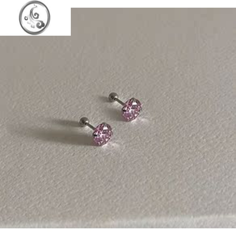 JiMi999银银耳钉养耳洞粉色超闪钻石耳骨钉高级感免摘锆石耳蜗钉耳环 粉钻925银-8mm螺丝帽一对