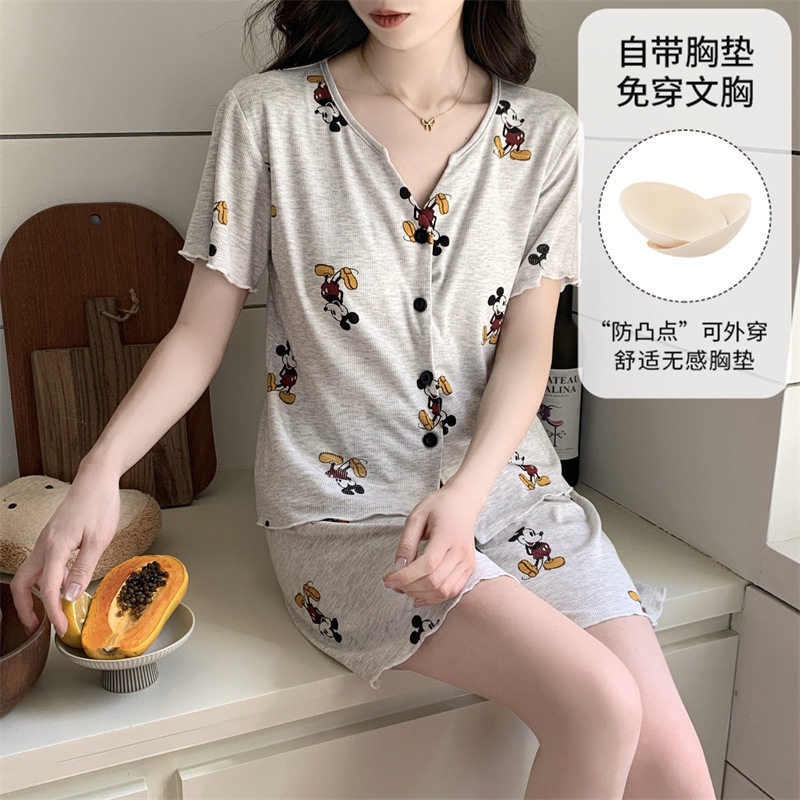 睡衣女士夏季开衫短袖裤套装薄款大码2026新款带胸垫家居服高清大图