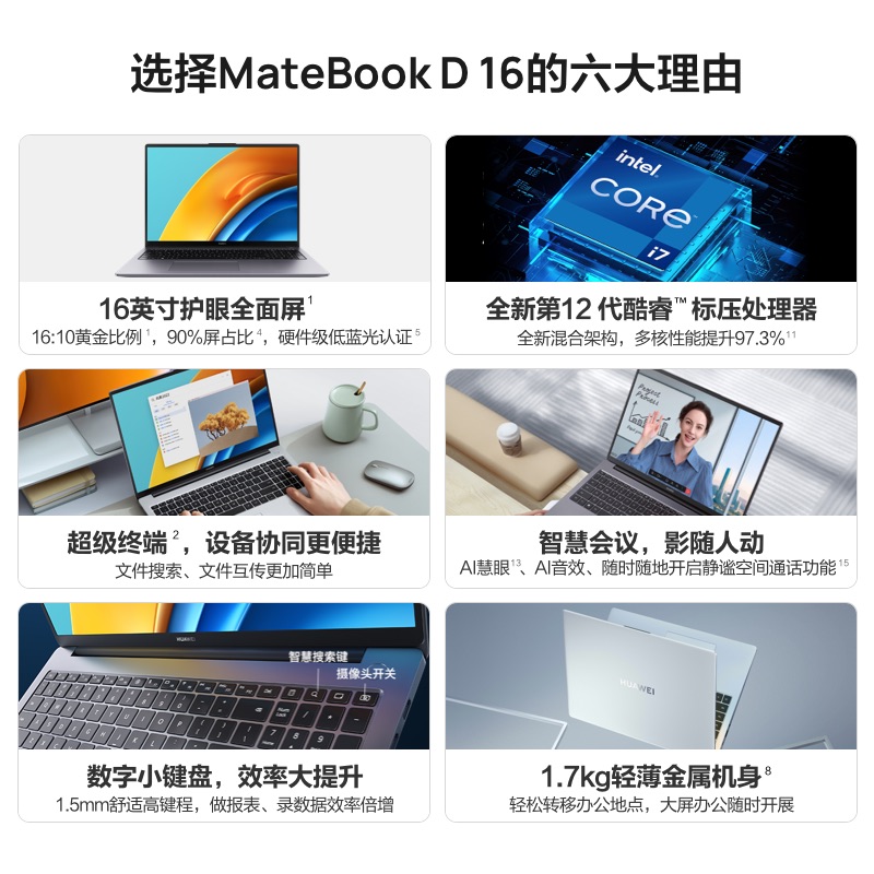 华为笔记本电脑/HUAWEI MateBook D 16 16英寸 12代酷睿i7-12700H标压处理器 16GB+512GB 锐炬显卡 轻薄本 护眼全面屏 超级终端 皓月银高清大图